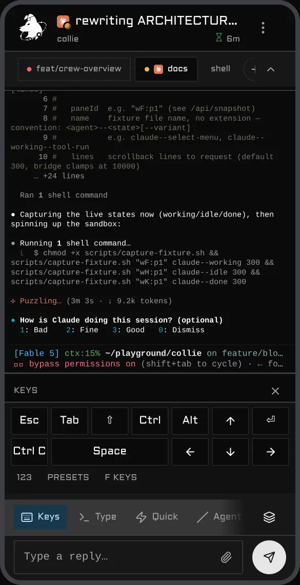 Bandeja de teclas de Collie con Esc, Tab, Shift, Ctrl, Alt, flechas, Enter, Ctrl C y barra espaciadora