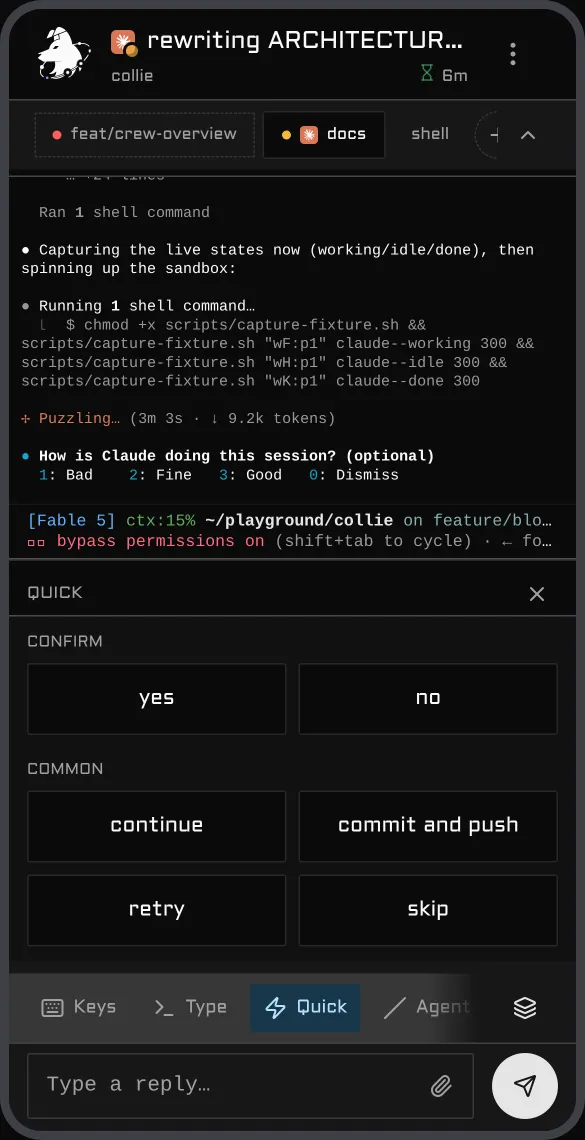 Respuestas rápidas de Collie: yes, no, continue, commit and push, retry y skip