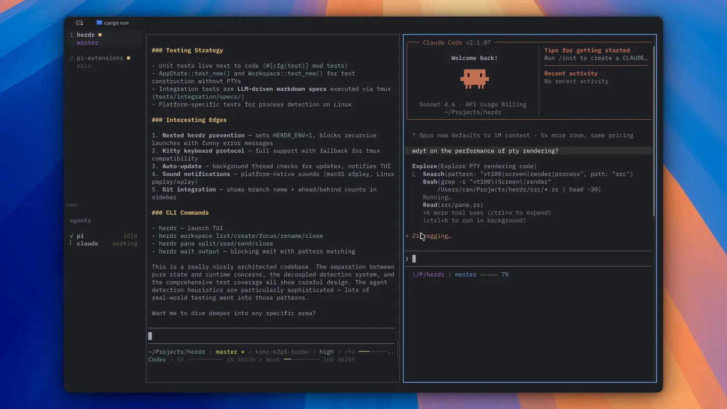 Ventana de herdr: a la izquierda, la barra lateral con dos workspaces y la lista de agentes, uno en estado idle y otro working; a la derecha, dos agentes de IA trabajando en paneles lado a lado